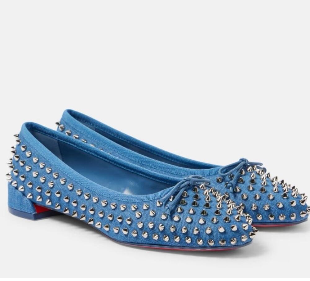 Christian Louboutin Sweetie Jane Spikes Denim Flat 37 Blue